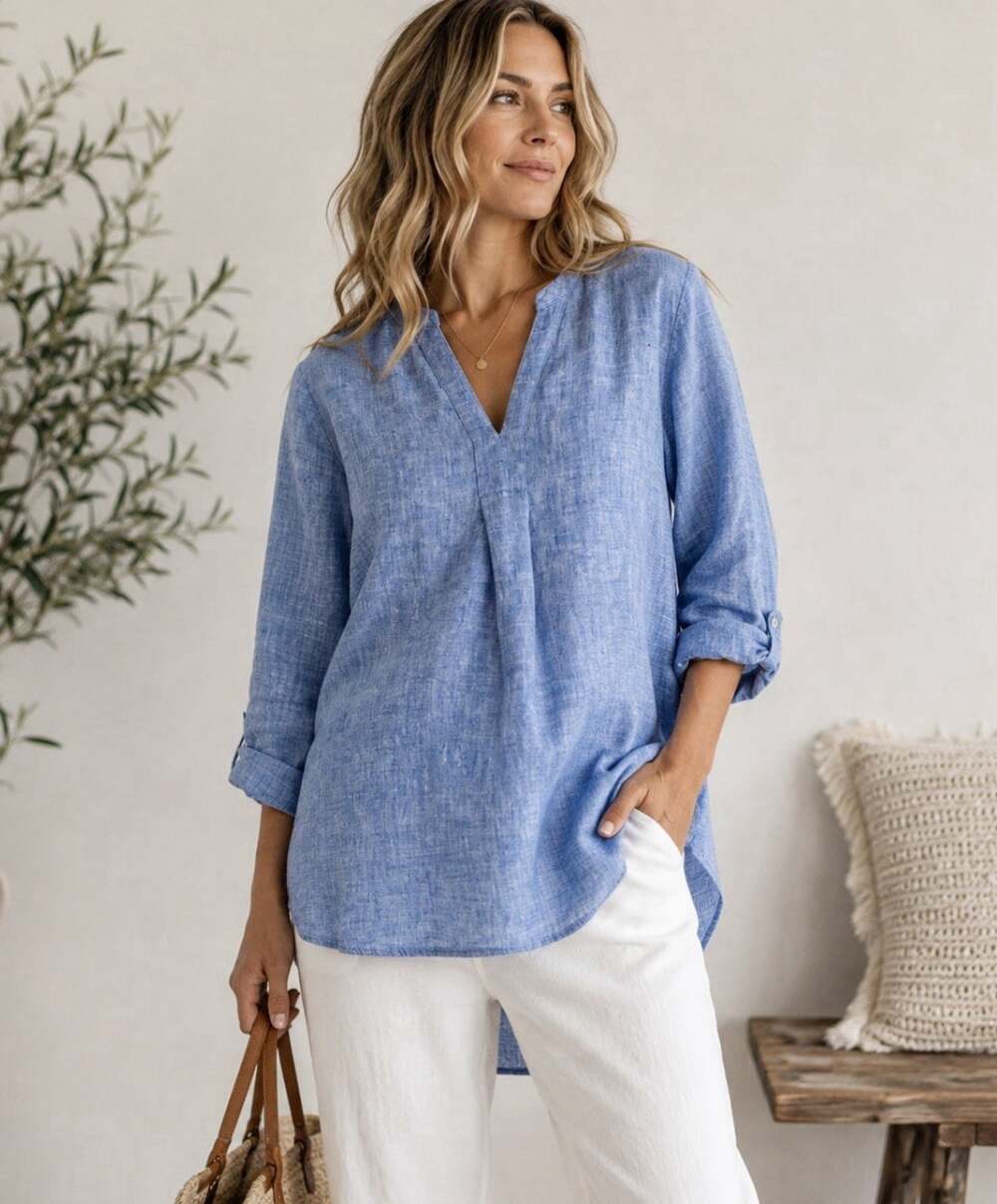 L.L.Bean 100% Linen Tunic Top M Blue Split Neck High Low Relaxed Coastal